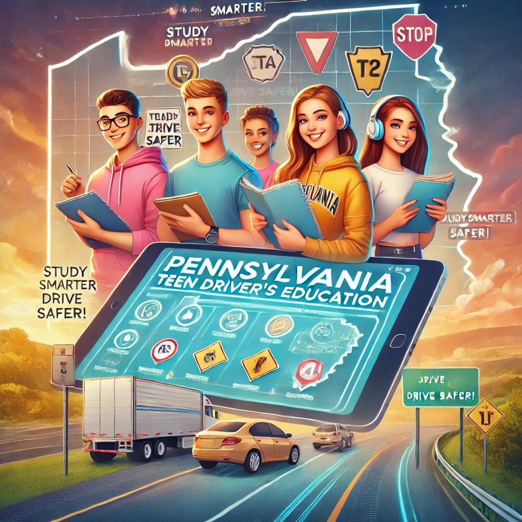 Graphic of person driving car representing Pennsylvania Teen Study Guide
