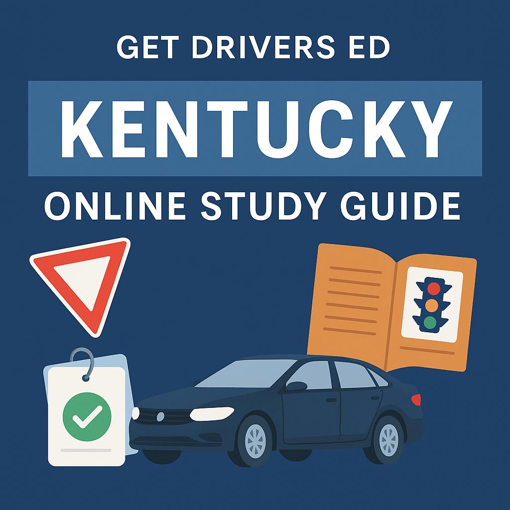 Graphic of person driving car representing Kentucky Online Driving Course Study Guide