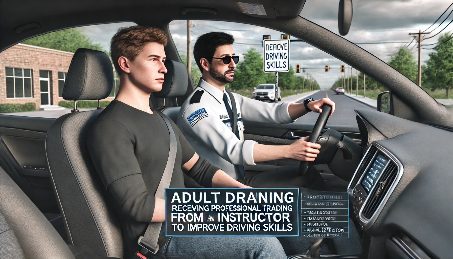 Adult driver receiving professional training from an instructor to improve driving skills