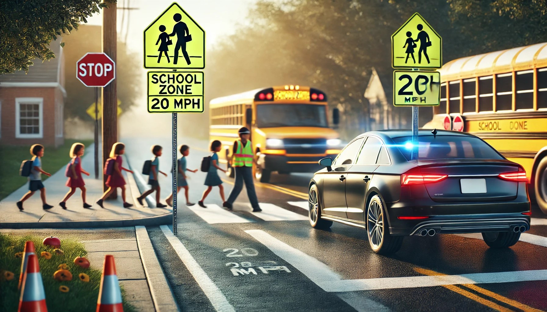 A car approaching a school zone with children crossing the road, highlighting safe driving practices during the school year.