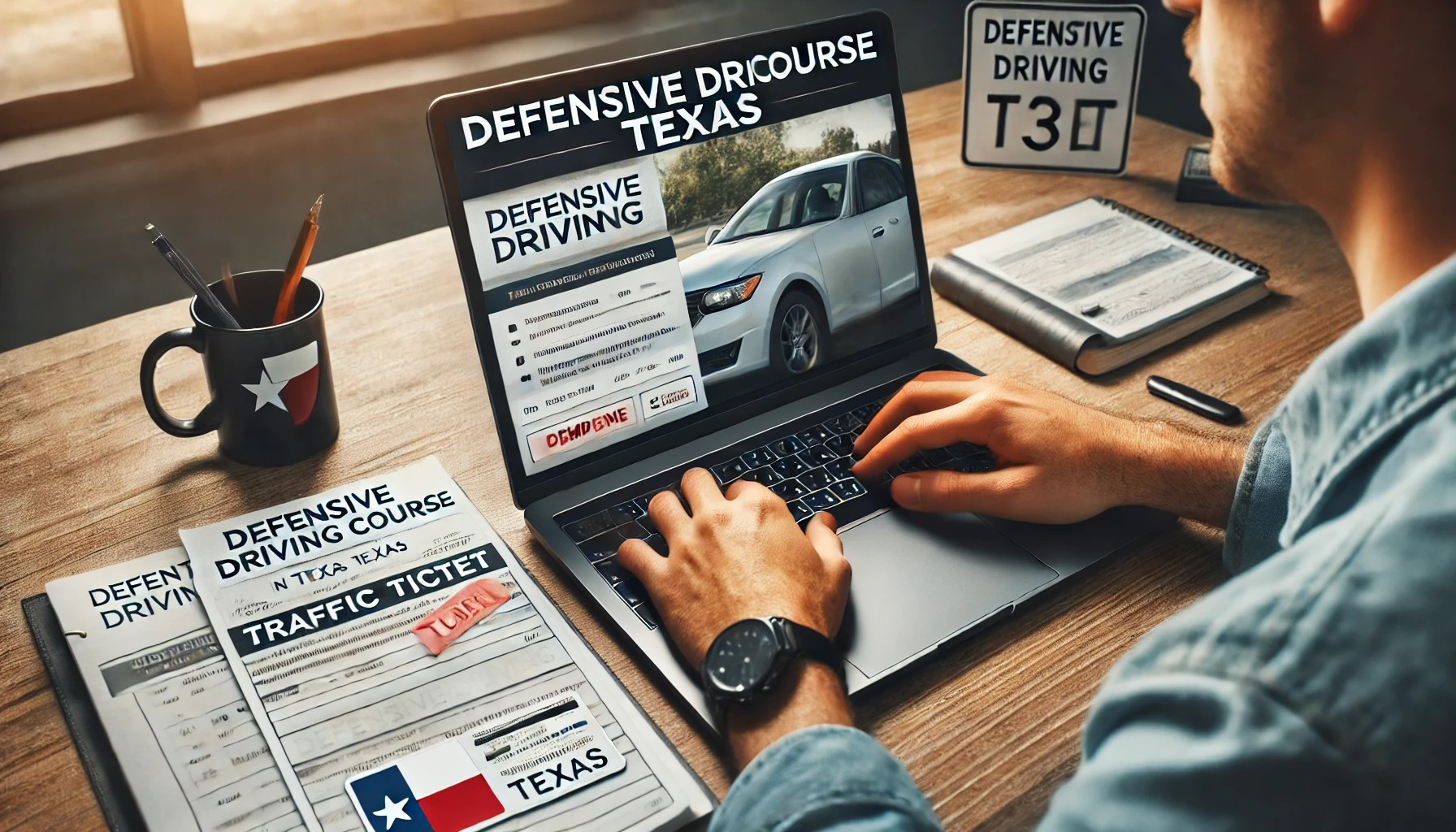 Driver completing an online defensive driving course in Texas on a laptop to dismiss a traffic ticket and improve driving skills.