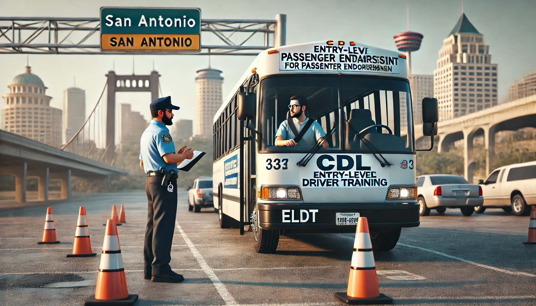 An instructor guiding a student during CDL ELDT Passenger Endorsement training in San Antonio, focusing on safe passenger transport skills.