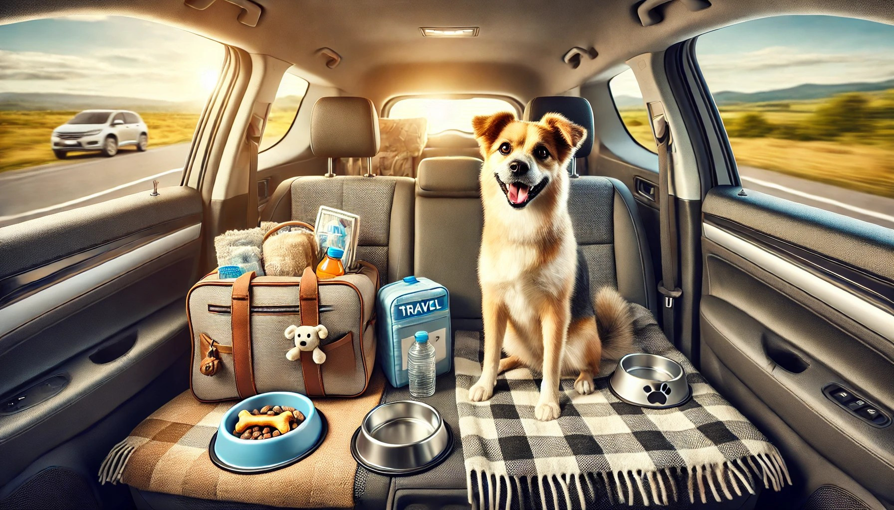 A happy dog sitting in a car with travel essentials, ready for a safe road trip.