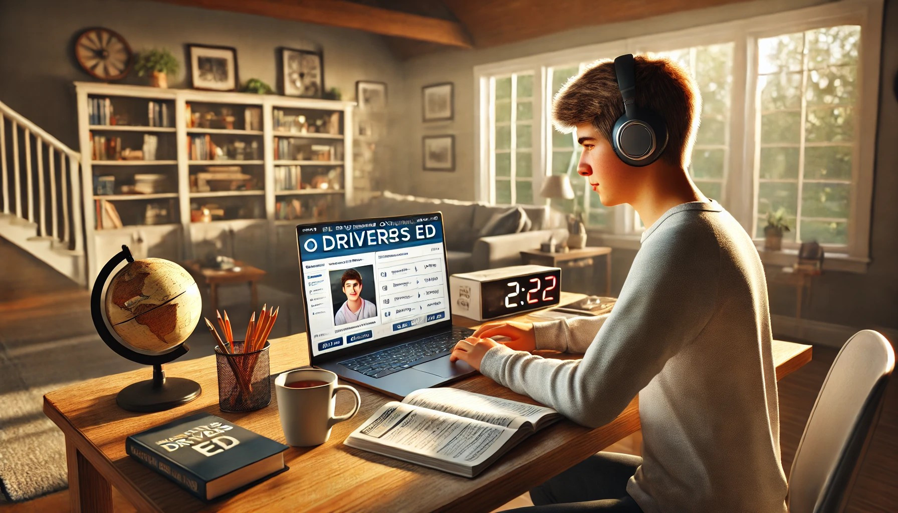 A teen studying online drivers ed at home, representing flexibility and convenience for homeschool families.