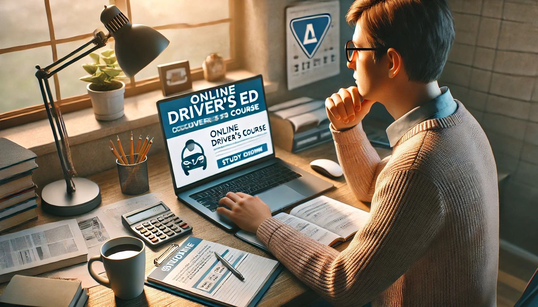 Adult learner studying for an online drivers ed course to improve driving skills.