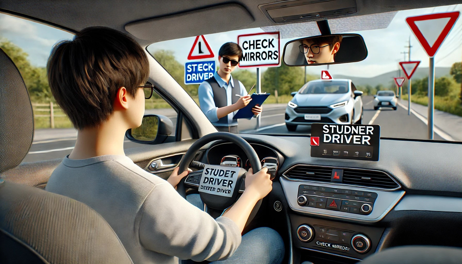 A learner driver practicing for their behind-the-wheel test, ensuring they avoid common mistakes by checking mirrors and following safe driving techniques.