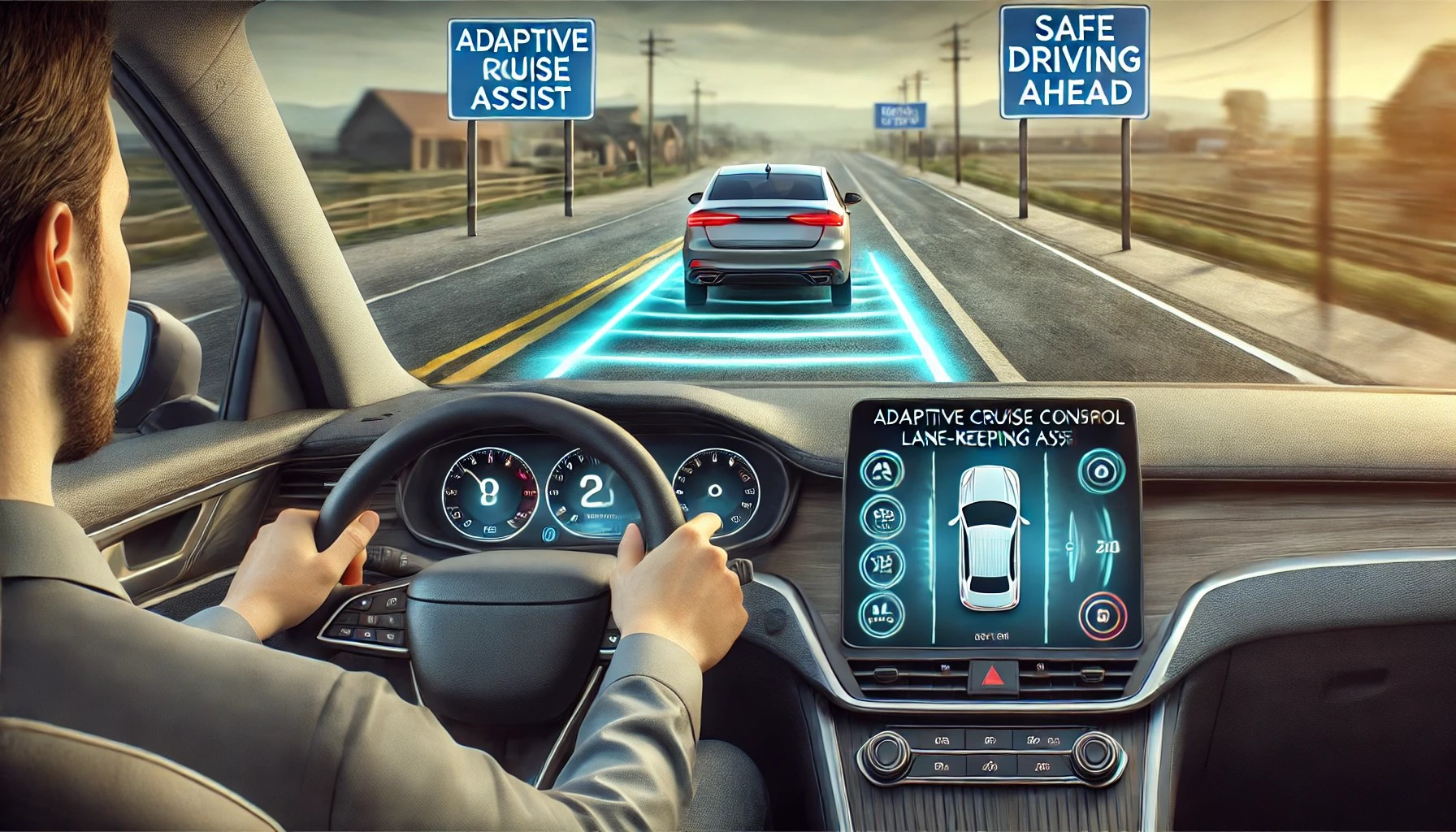 A driver using a car's smart features like adaptive cruise control and lane-keeping assist to navigate safely and confidently on the road.