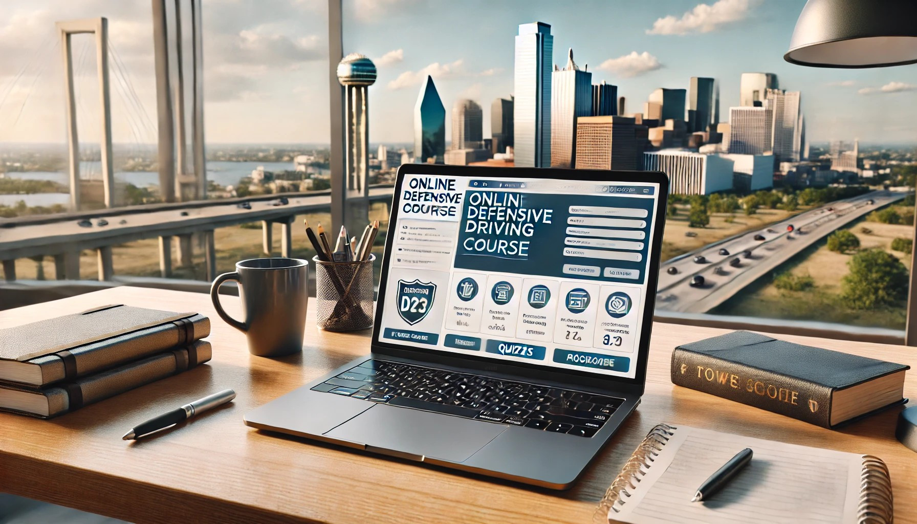 Laptop displaying an online defensive driving course with a Fort Worth skyline in the background.