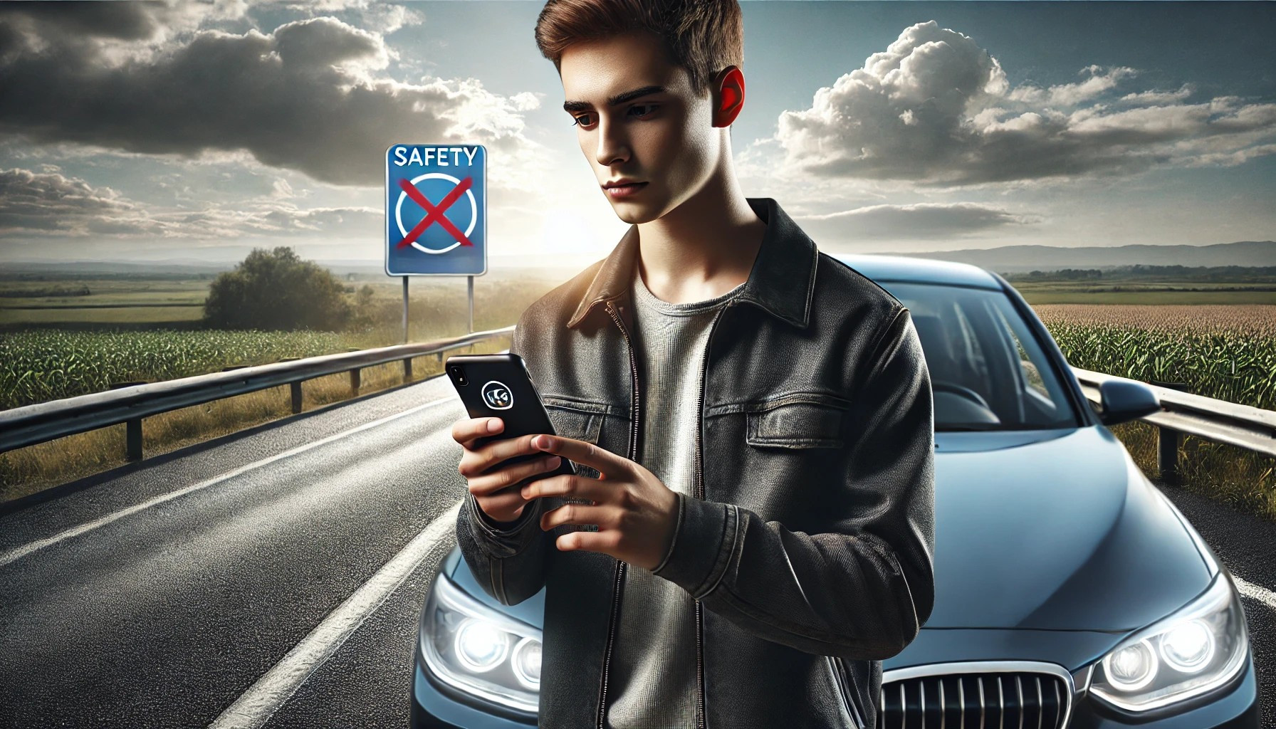 Young driver holding a smartphone with a road in the background, emphasizing the need for safe driving habits among Millennials and Gen Z.