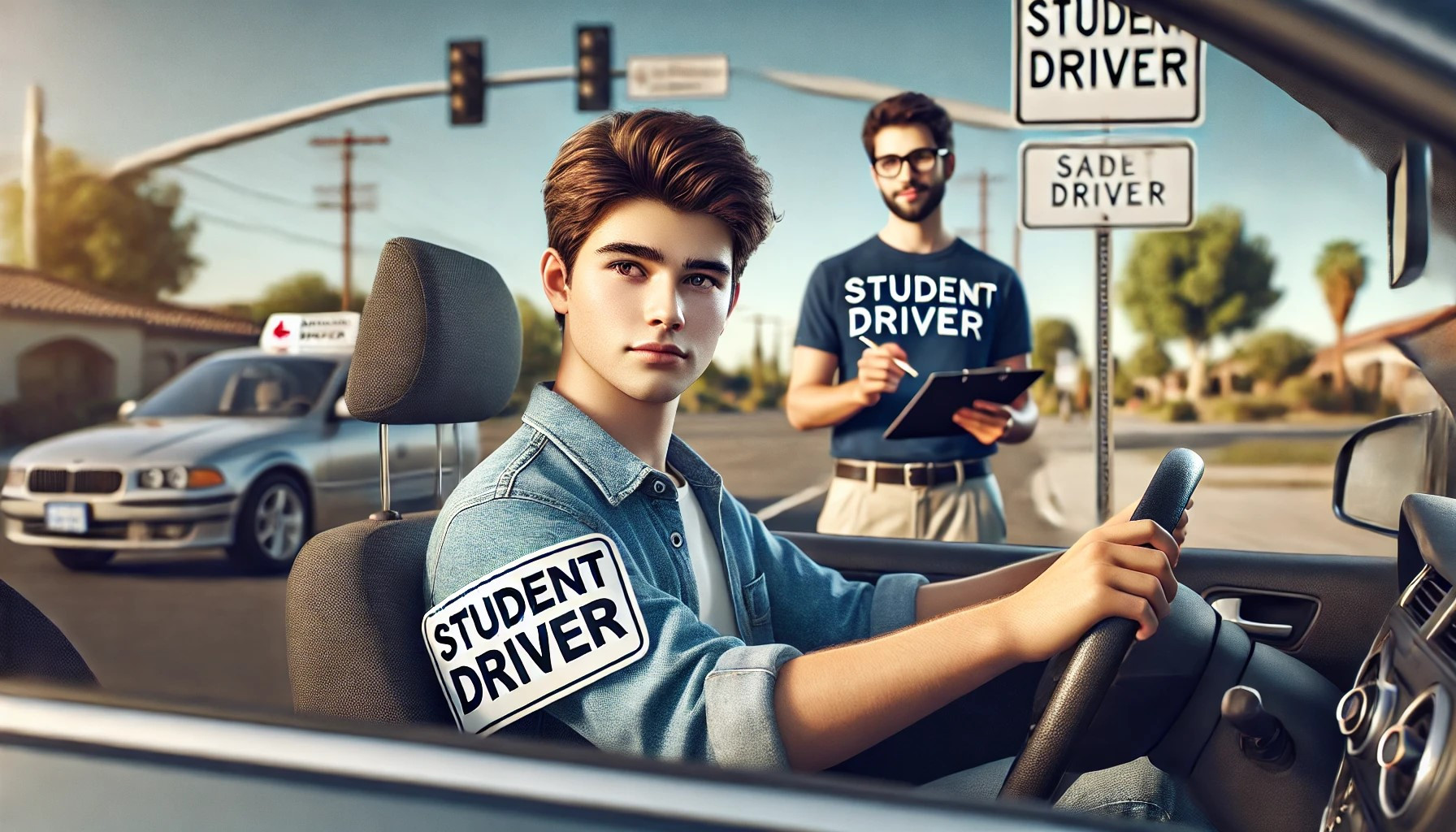 Image of a new driver confidently behind the wheel, learning safe driving practices through a drivers ed course.