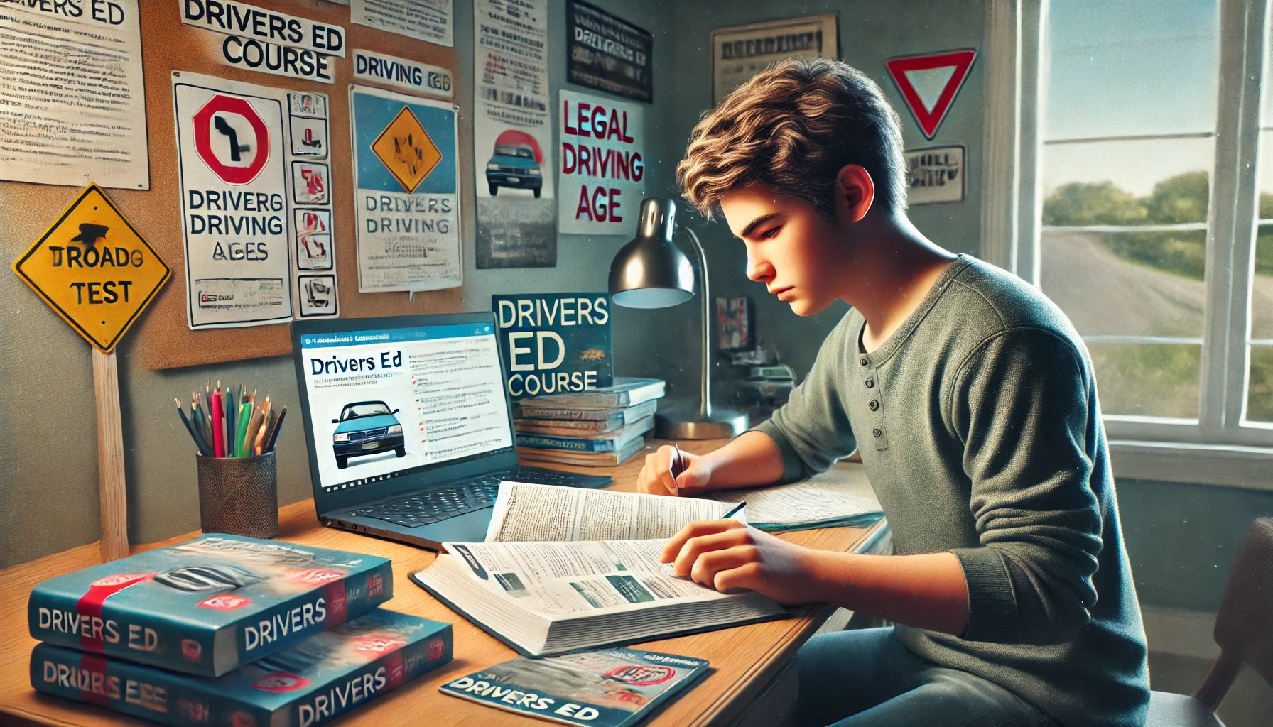 Image of a teenager studying for their driving test, learning about the legal driving age and preparing through a drivers ed course.