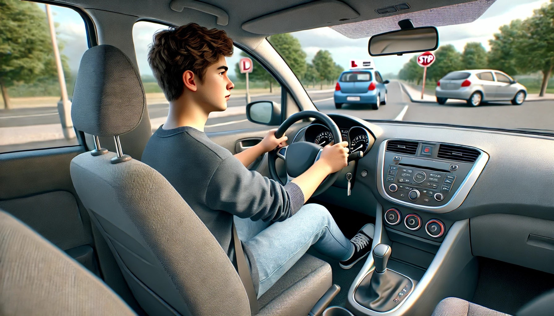 Teen driver studying an online drivers ed course on a laptop to prepare for their driving test.