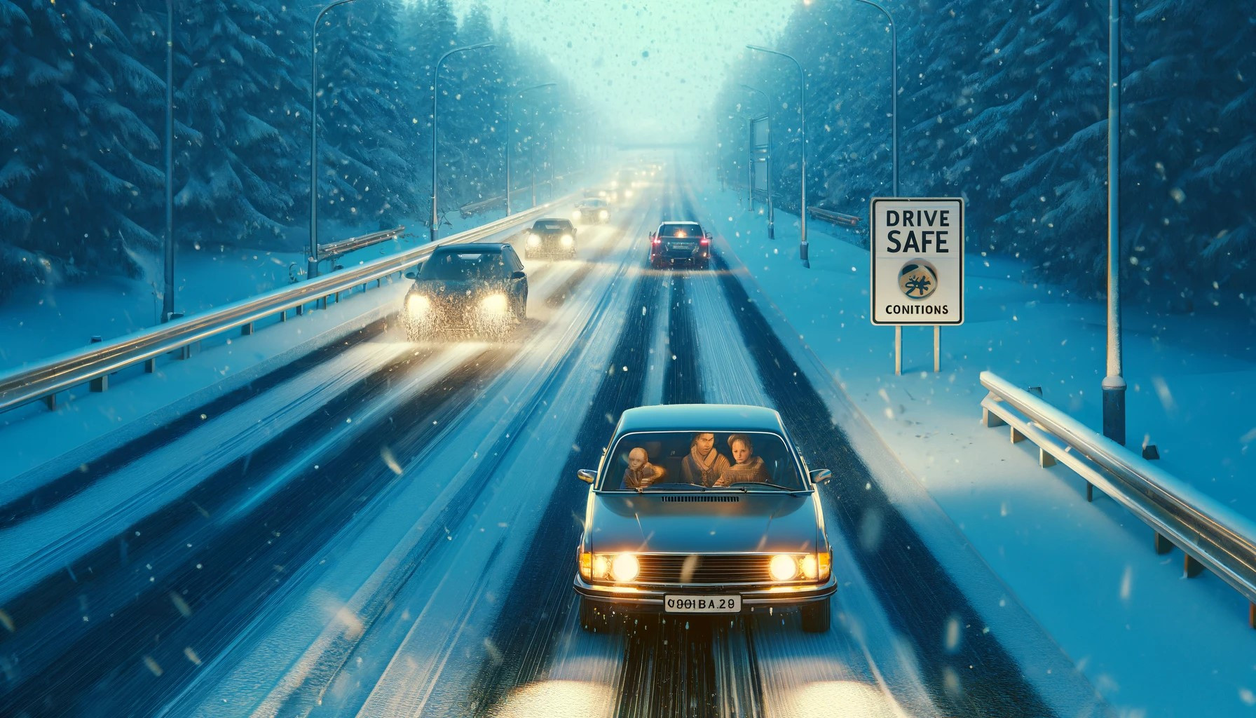 A family car driving carefully on a winter highway, emphasizing road safety during the busy holiday travel season.