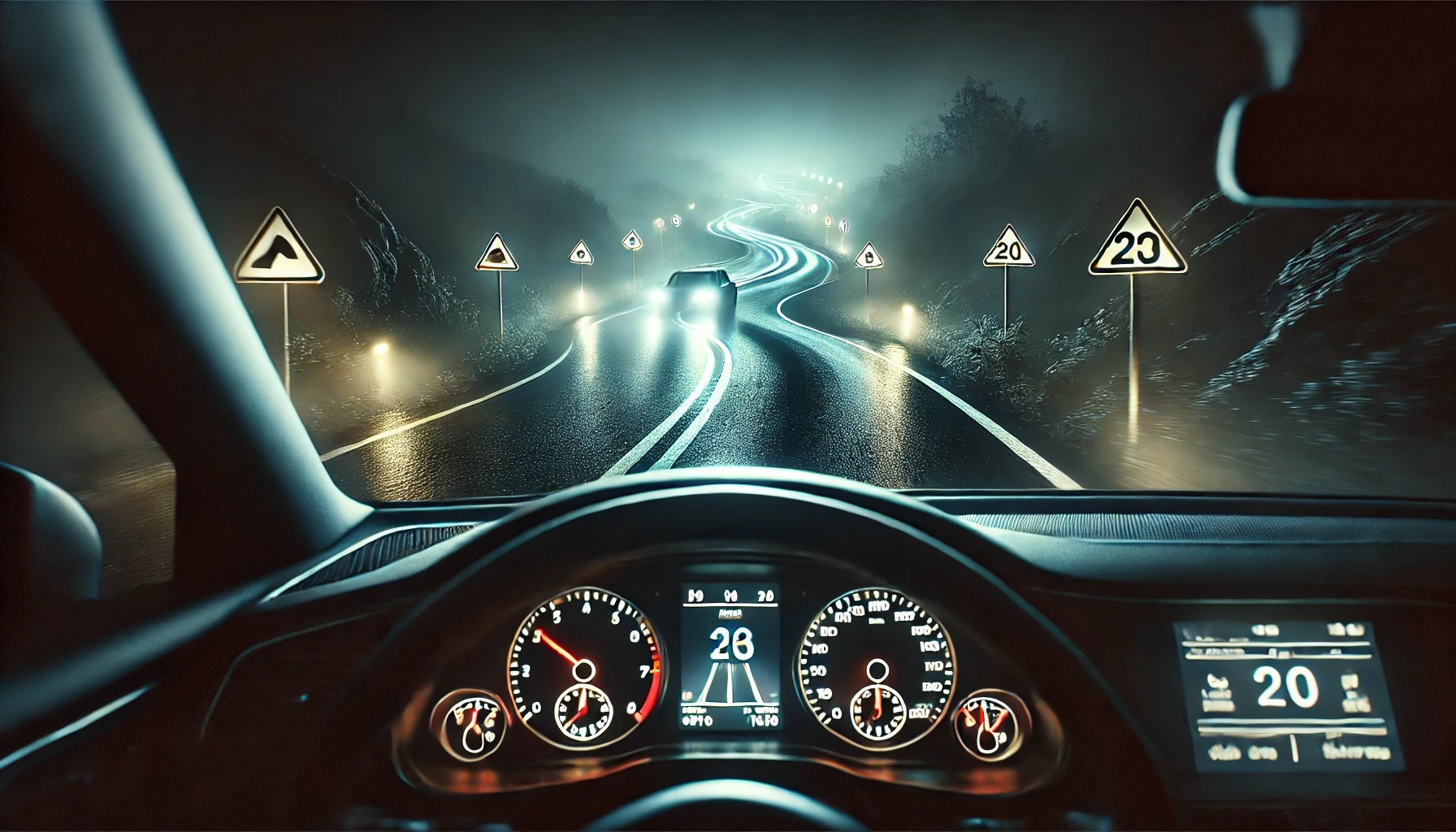 Car driving at night with headlights on, illustrating nighttime driving safety.