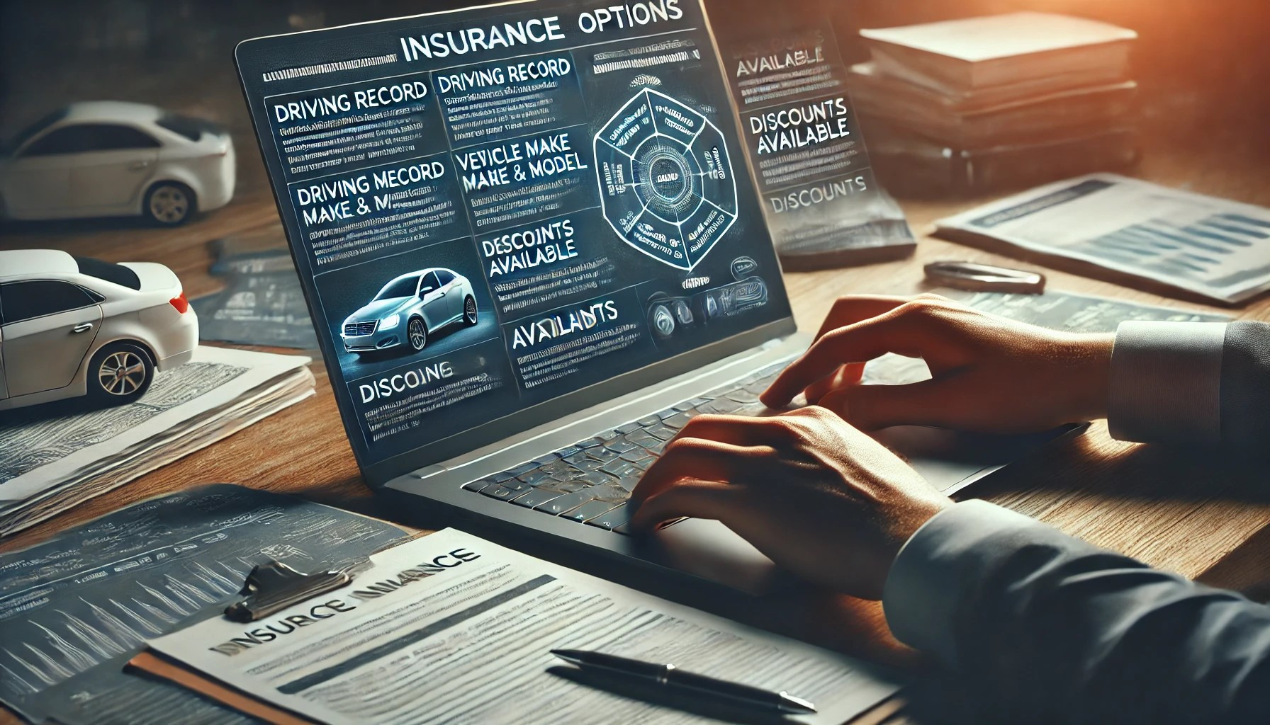 A driver reviewing car insurance options on a laptop, learning about factors that influence premiums and ways to reduce costs.