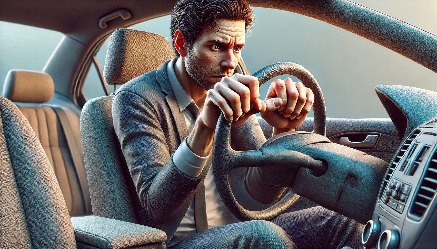 Person sitting in a car with hands tightly gripping the steering wheel, representing driving anxiety and the need for support in managing it.