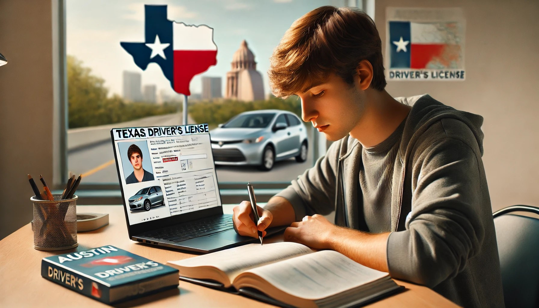 A young driver studying for their driving test with a laptop and handbook, preparing to get a Texas driver’s license in Austin.