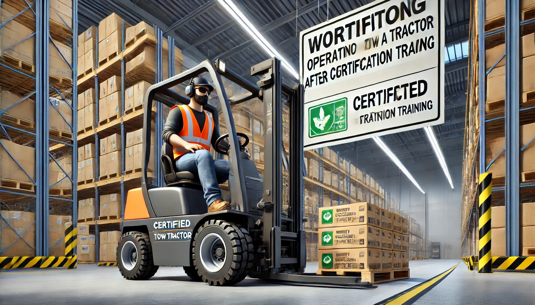 Worker operating a tow tractor in a warehouse after completing certification training