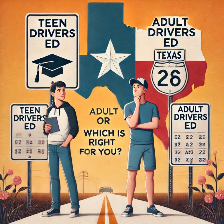 A young driver and an adult both preparing for their Texas drivers ed course, deciding between adult and teen drivers ed options.