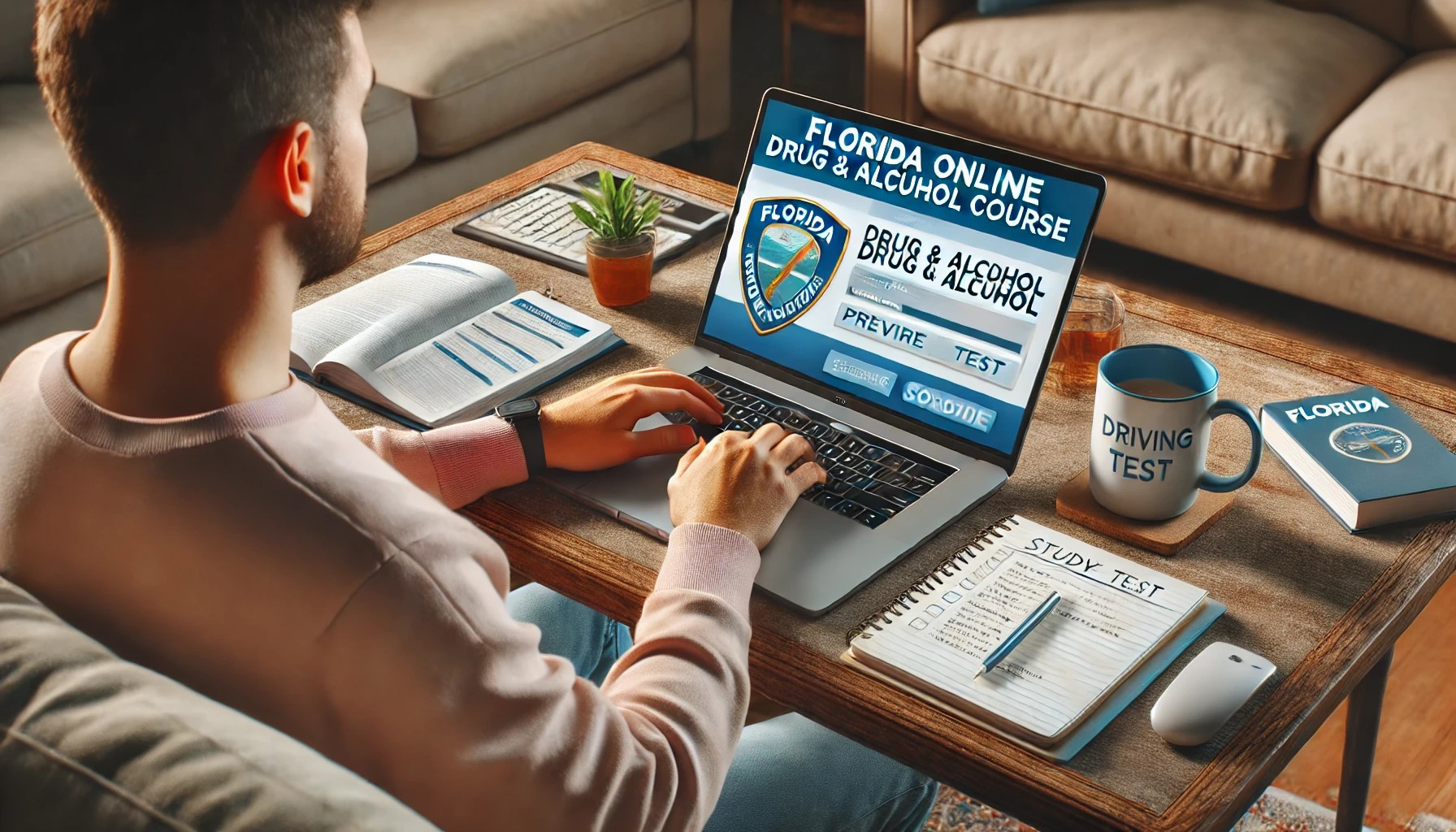 A student completing the Florida Online Drug & Alcohol Course on a laptop to prepare for the driving test.