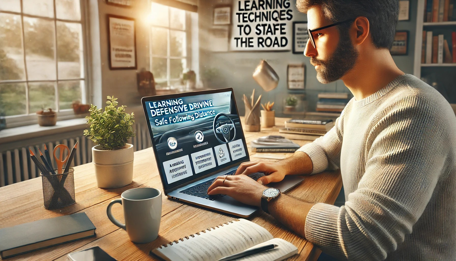 Driver studying defensive driving online with a laptop, learning techniques to stay safe on the road.