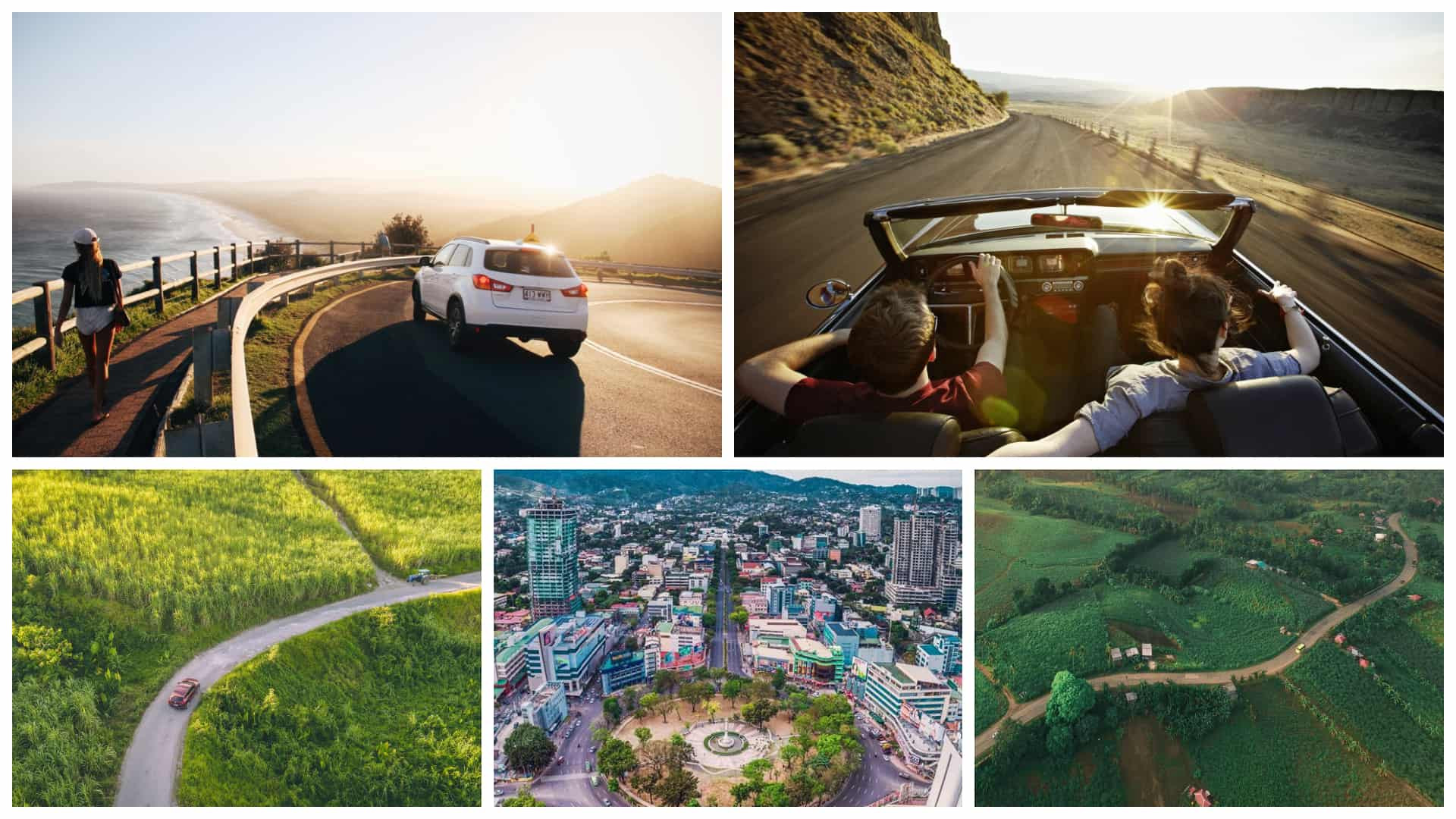 An engaging collage showcasing diverse driving environments, from urban streets to rural landscapes, highlighted in Get Drivers Ed's driving course.