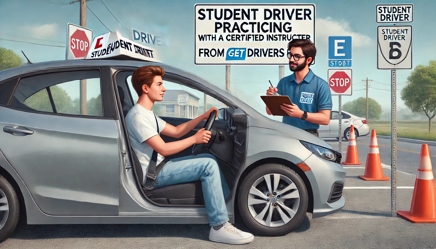 Student driver practicing behind the wheel with a certified instructor from Get Drivers Ed