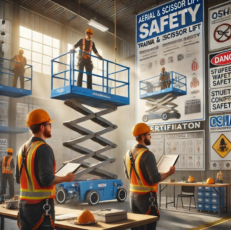 A worker using a scissor lift with proper safety gear, following OSHA safety protocols.