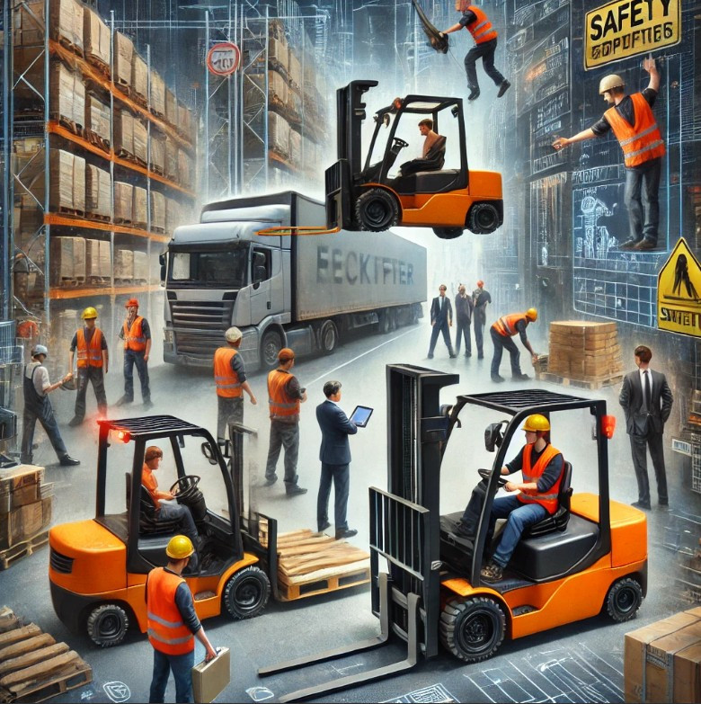 A certified forklift operator maneuvering a forklift safely in a warehouse setting.