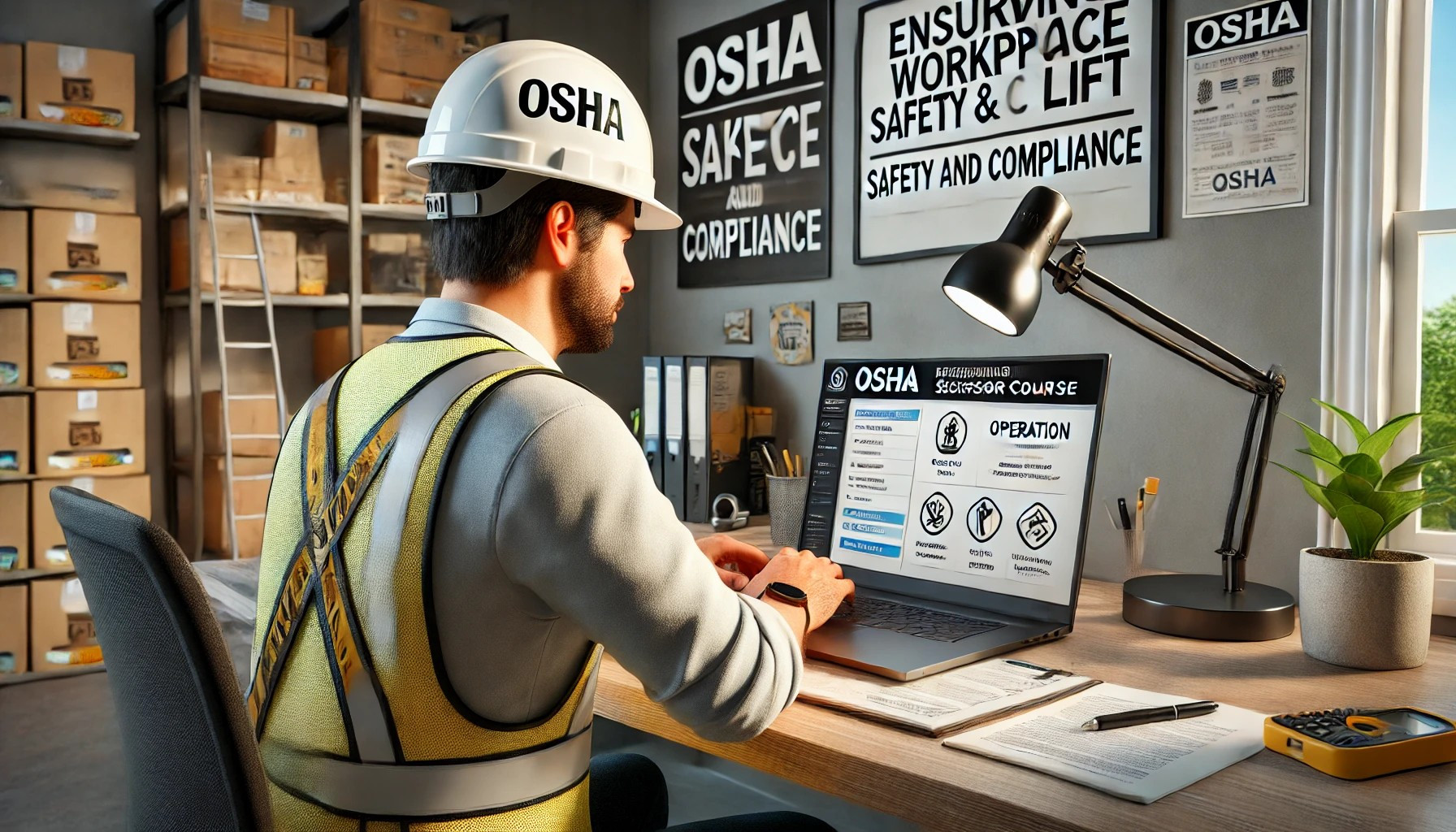 Worker completing an OSHA aerial and scissor lift certification course online, ensuring workplace safety and compliance.