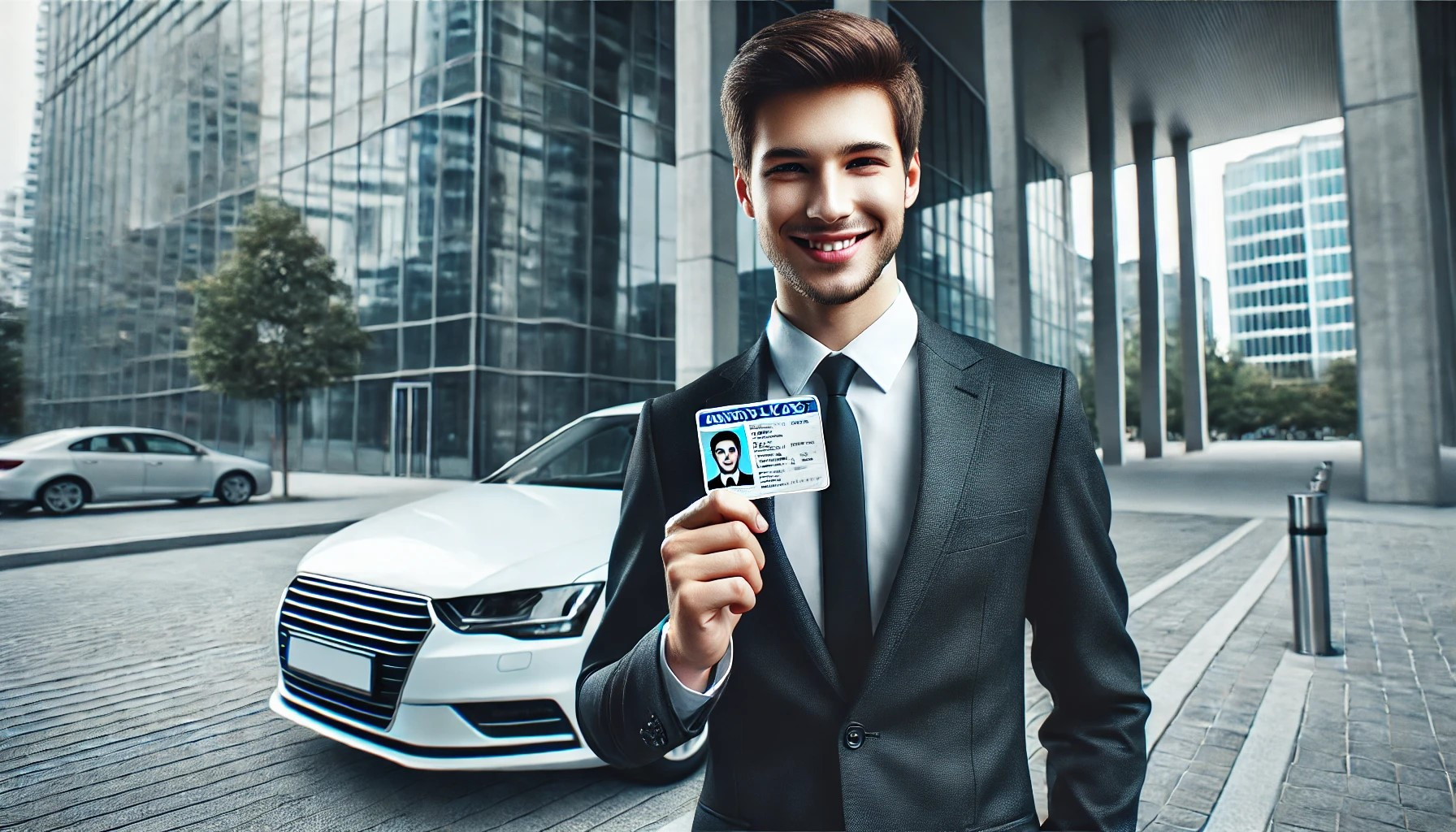 A young professional holding a driver’s license and standing next to a car, ready for new job opportunities and increased employability.