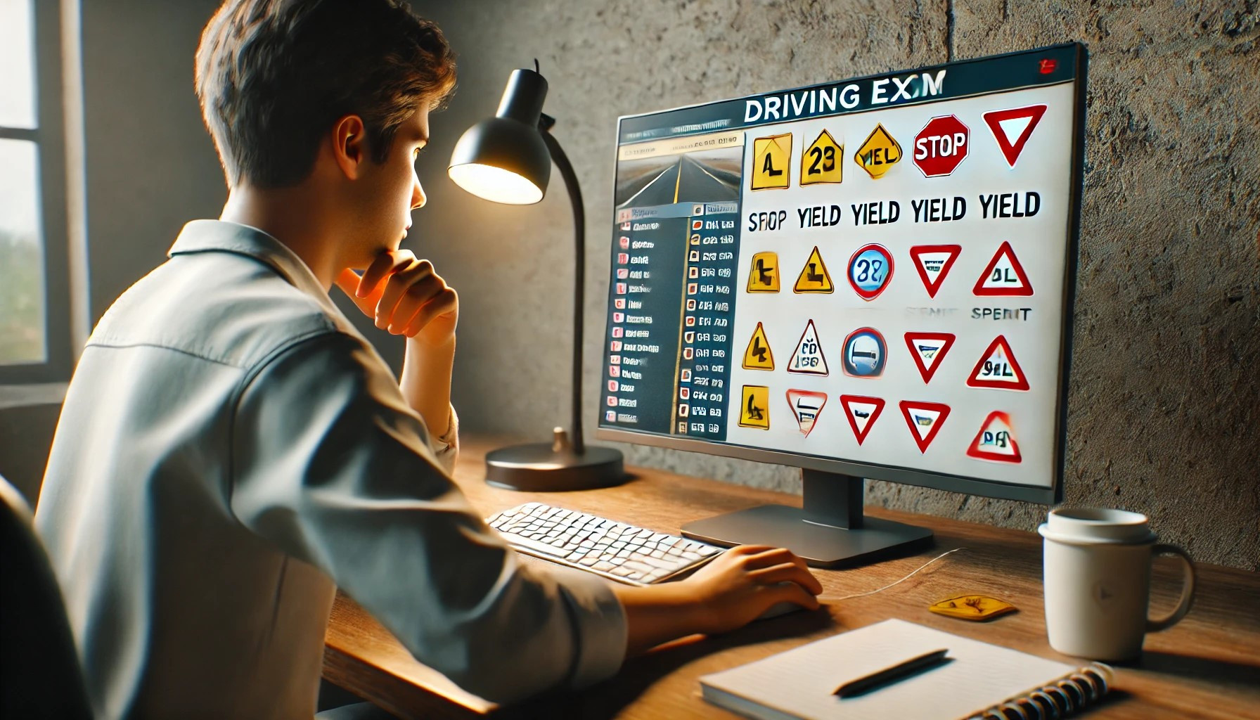 A student taking a driving exam with a focused expression, reviewing road signs and rules on a computer.