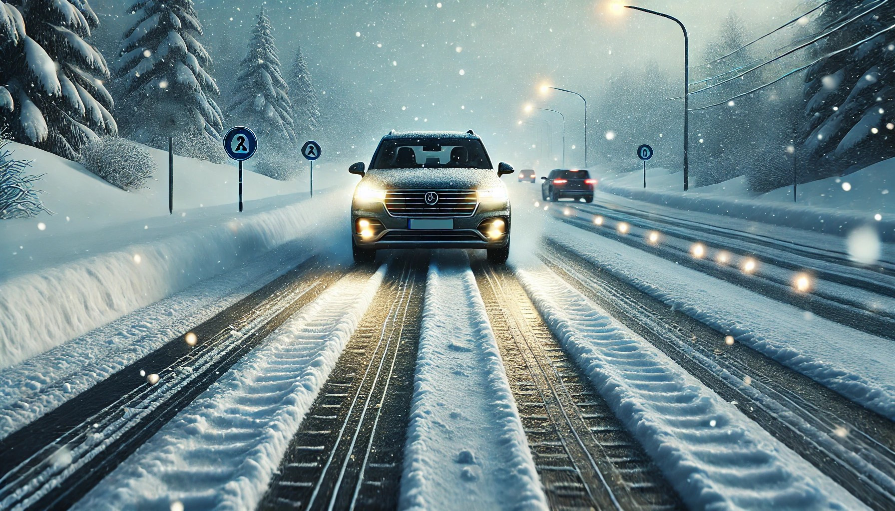 Car driving safely on a snowy road with headlights on, showcasing essential winter driving tips