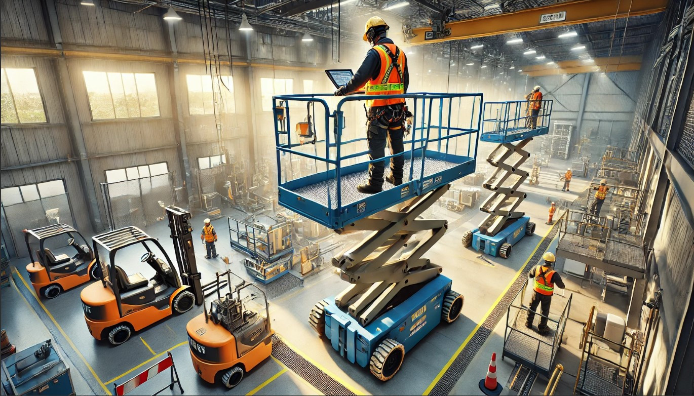 Operator using a scissor lift with proper safety harness in a warehouse.