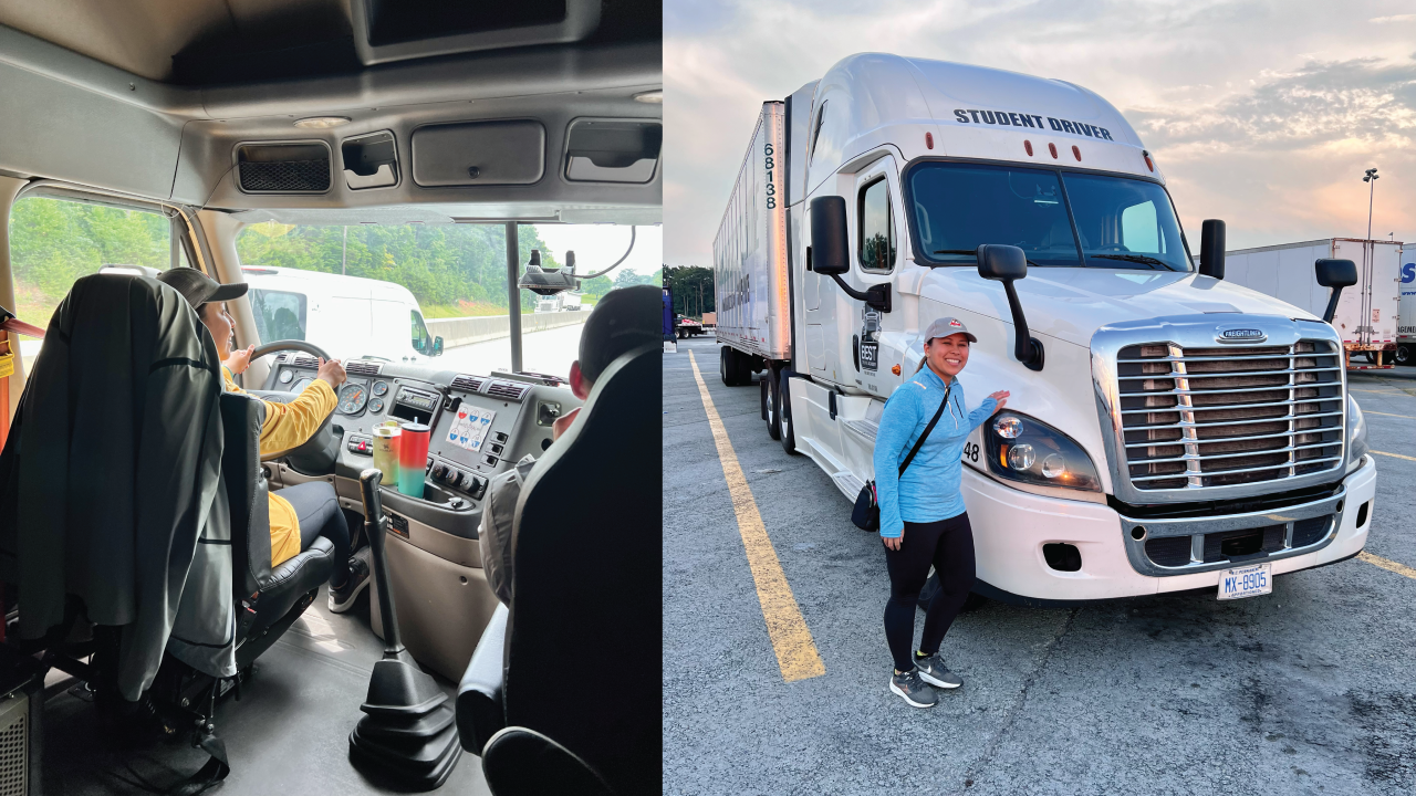 A student at Get Drivers Ed practicing driving maneuvers in a commercial truck, preparing for the CDL test.