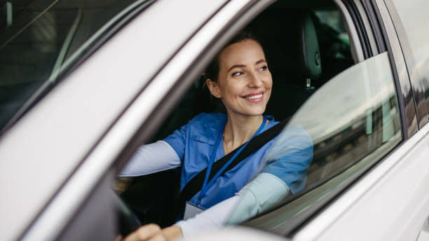 A new driver practicing essential driving habits, confidently driving on a scenic road