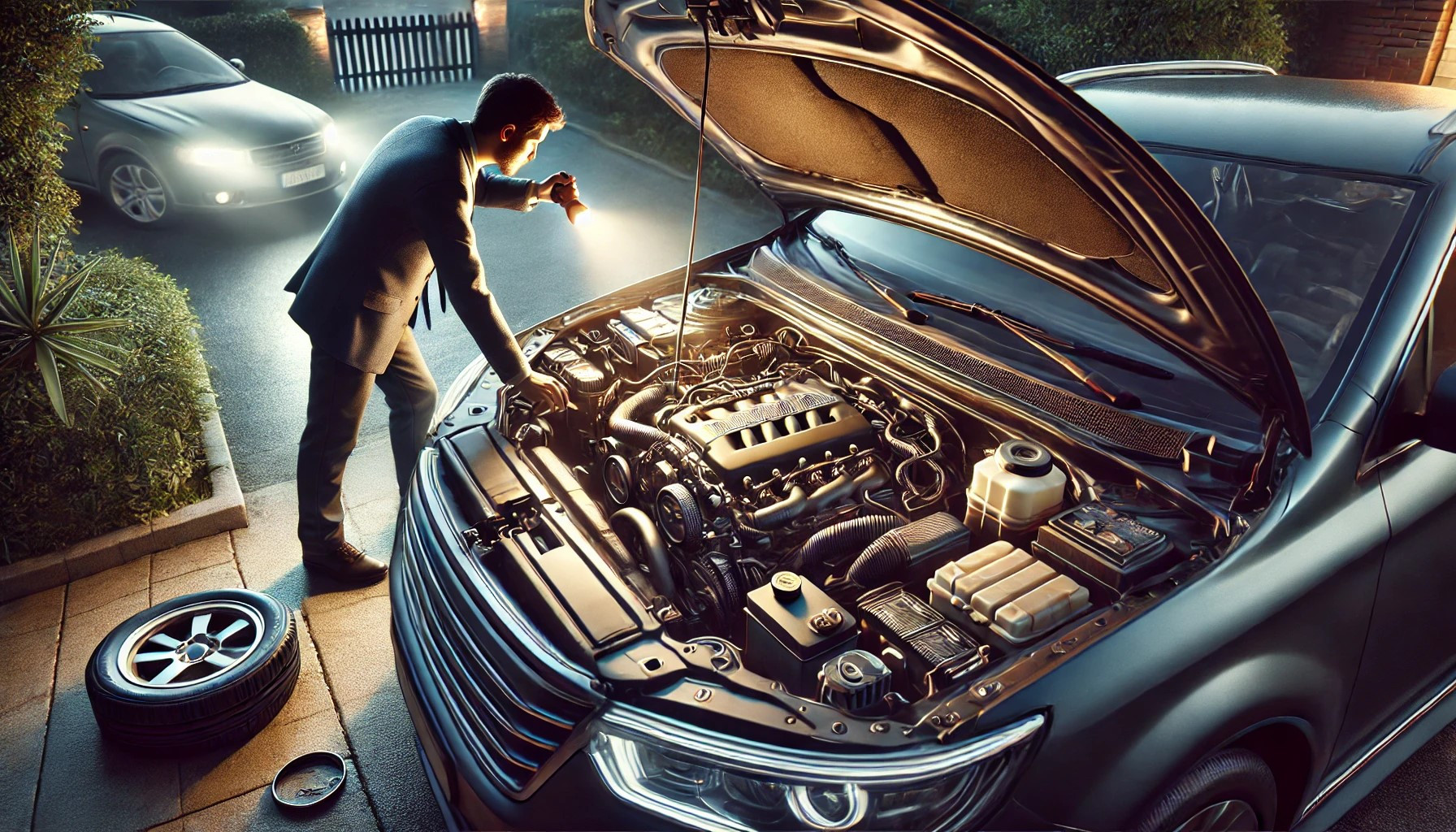 A person checking the engine of a car that has been parked for a while, ensuring the vehicle is safe and ready to drive.