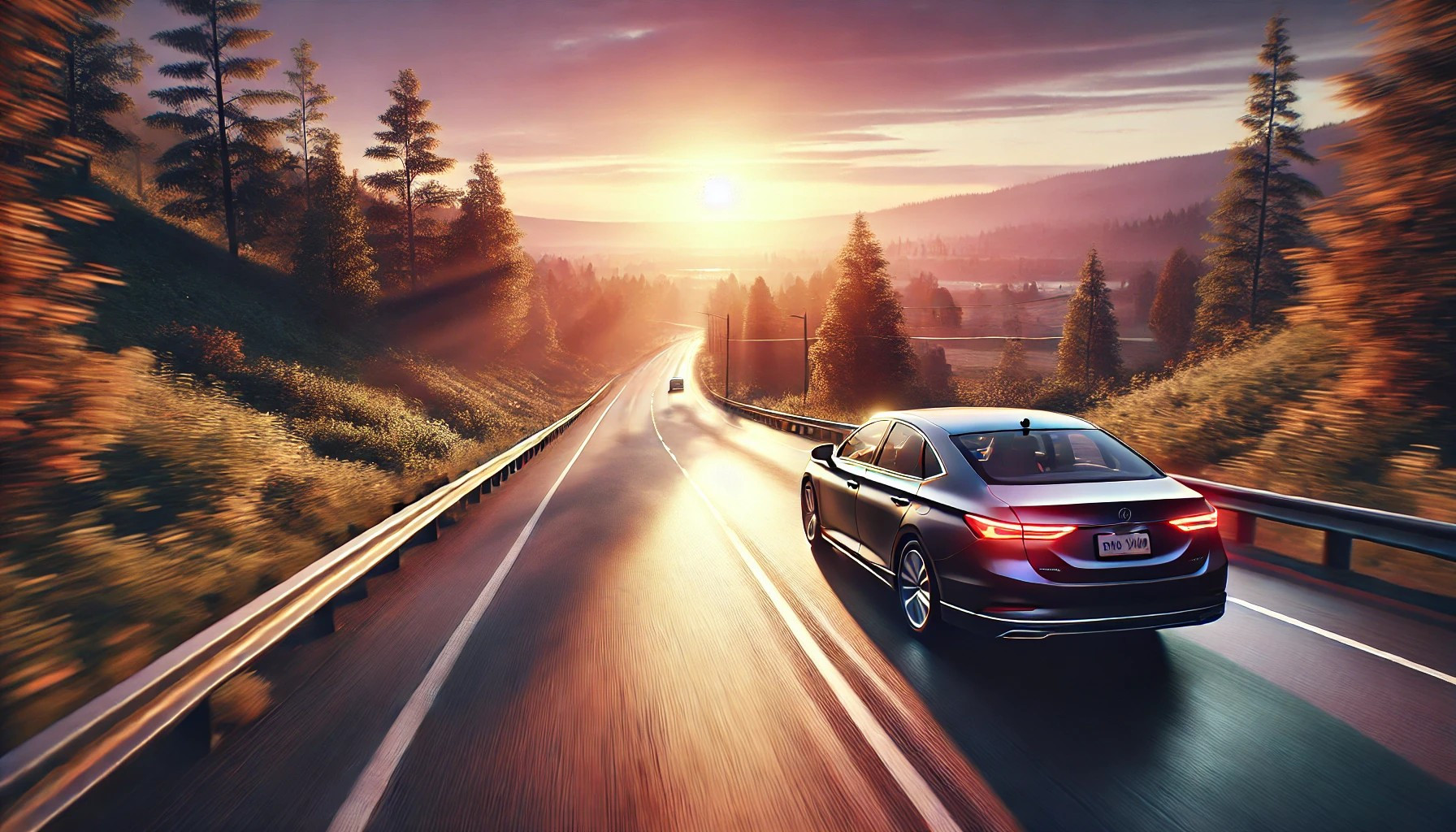 Car driving on a road during daylight with the sun setting in the background