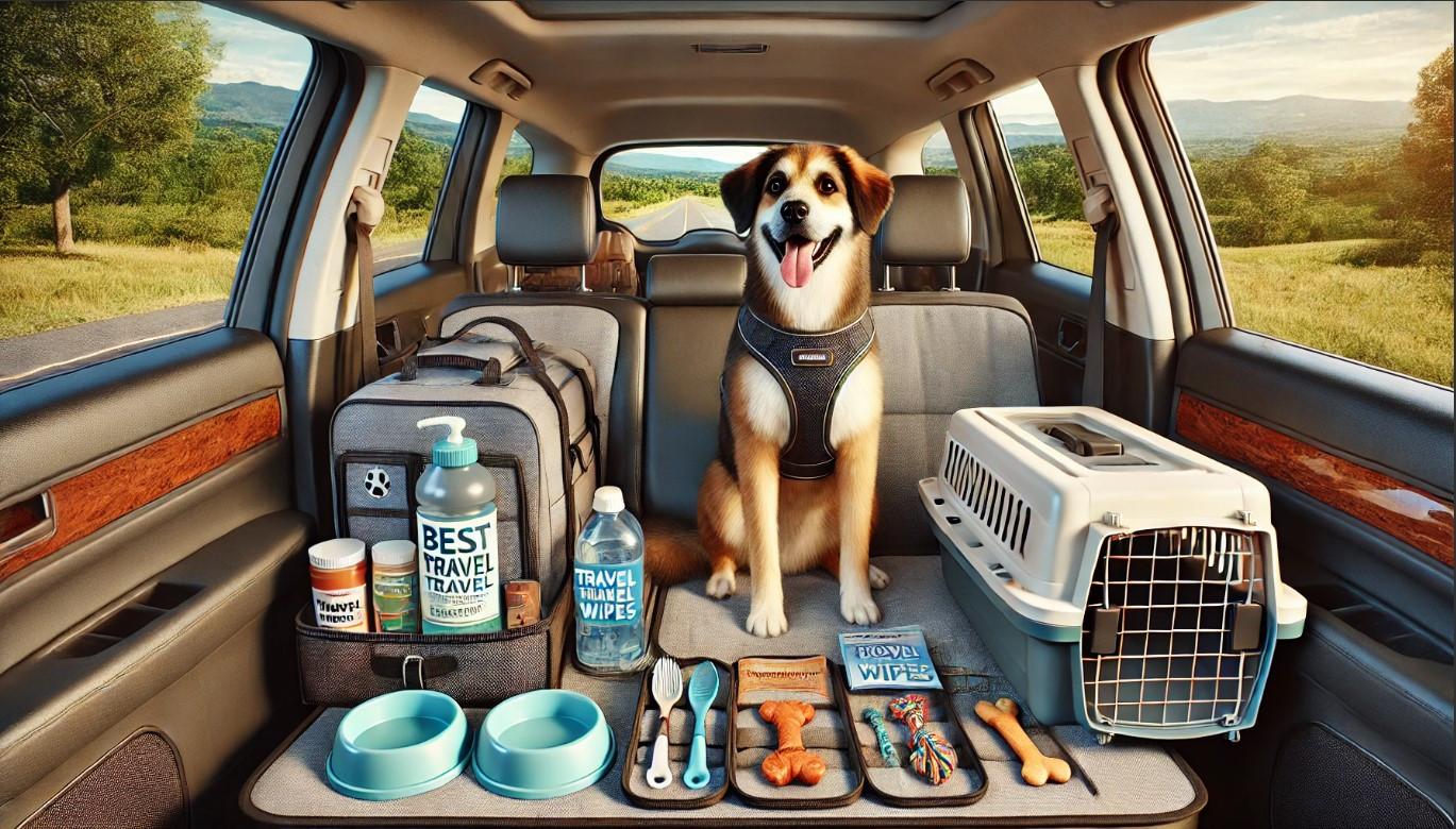 Dog sitting in a car booster seat with a travel water bottle and chew toy, ready for a road trip.