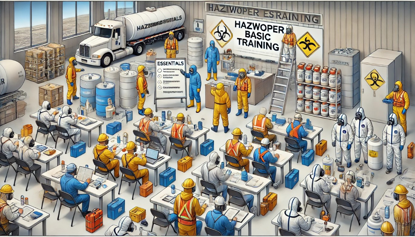 Worker in full protective gear undergoing HAZWOPER training in a hazardous environment.