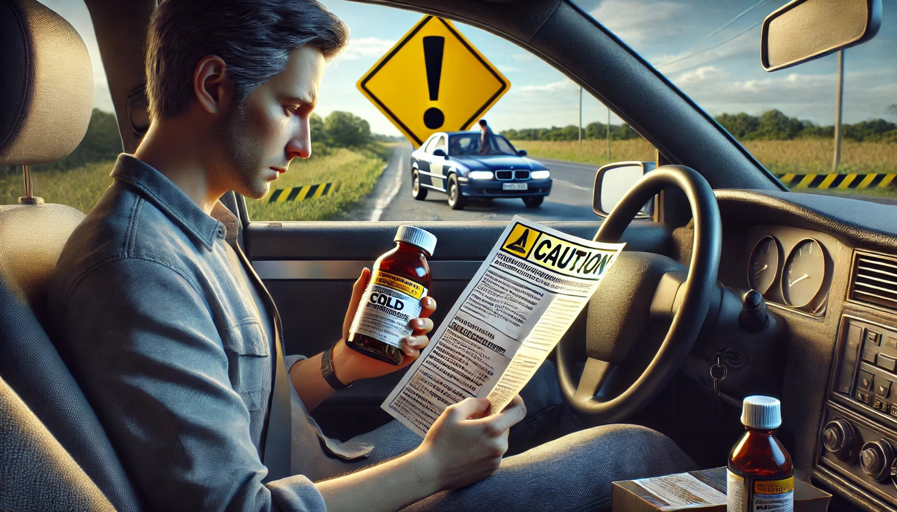 A person sitting in a car, reading a cold medicine bottle label with a caution sign in the background, symbolizing the risks of driving on medication.