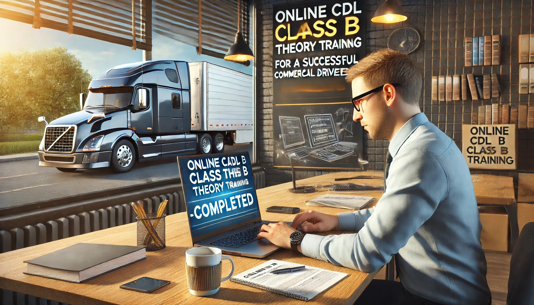 Student completing online CDL Class B theory training for a successful commercial driving career.