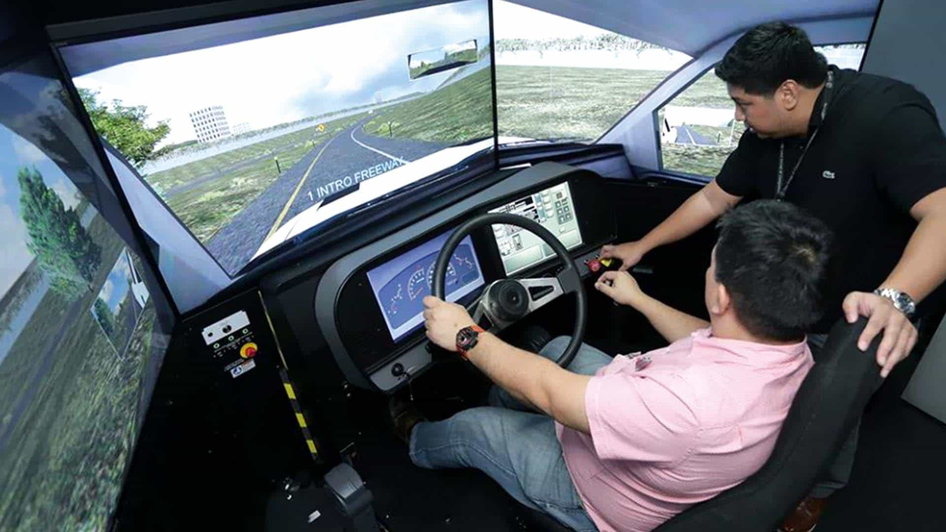 A student at Get Drivers Ed practicing on a driving simulator, preparing for a successful career in commercial driving.