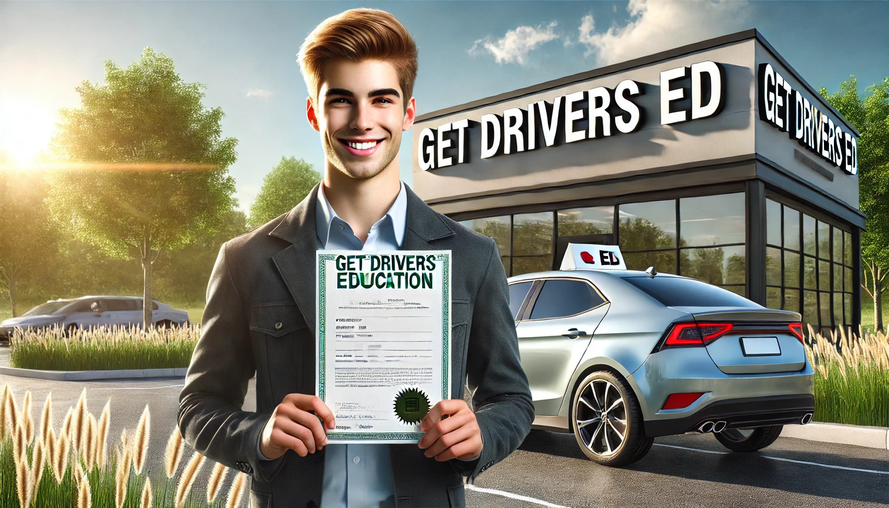 A confident driver holding a certificate after completing drivers ed with Get Drivers Ed