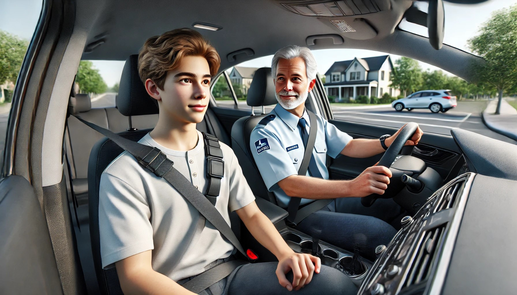 Calm and confident student driver in a car with an instructor from Get Drivers Ed, learning in a supportive environment.