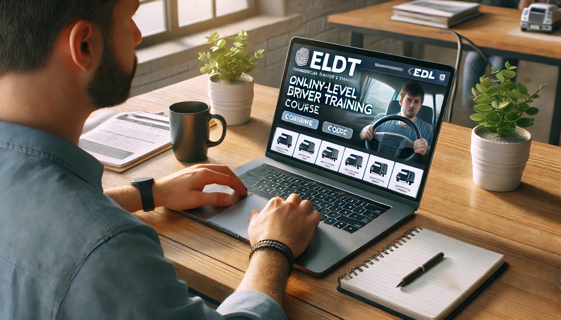 Person studying an online ELDT course on a laptop to prepare for their CDL exam.