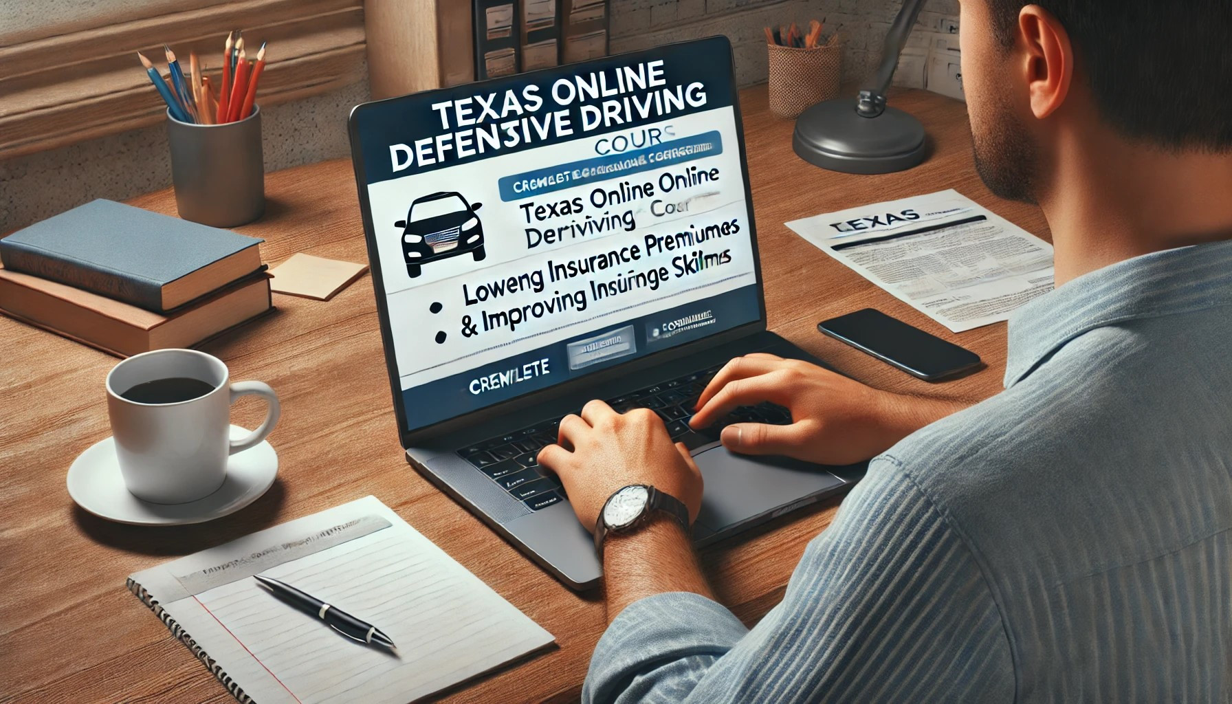 Driver completing a Texas online defensive driving course on a laptop to lower insurance premiums and improve driving skills.