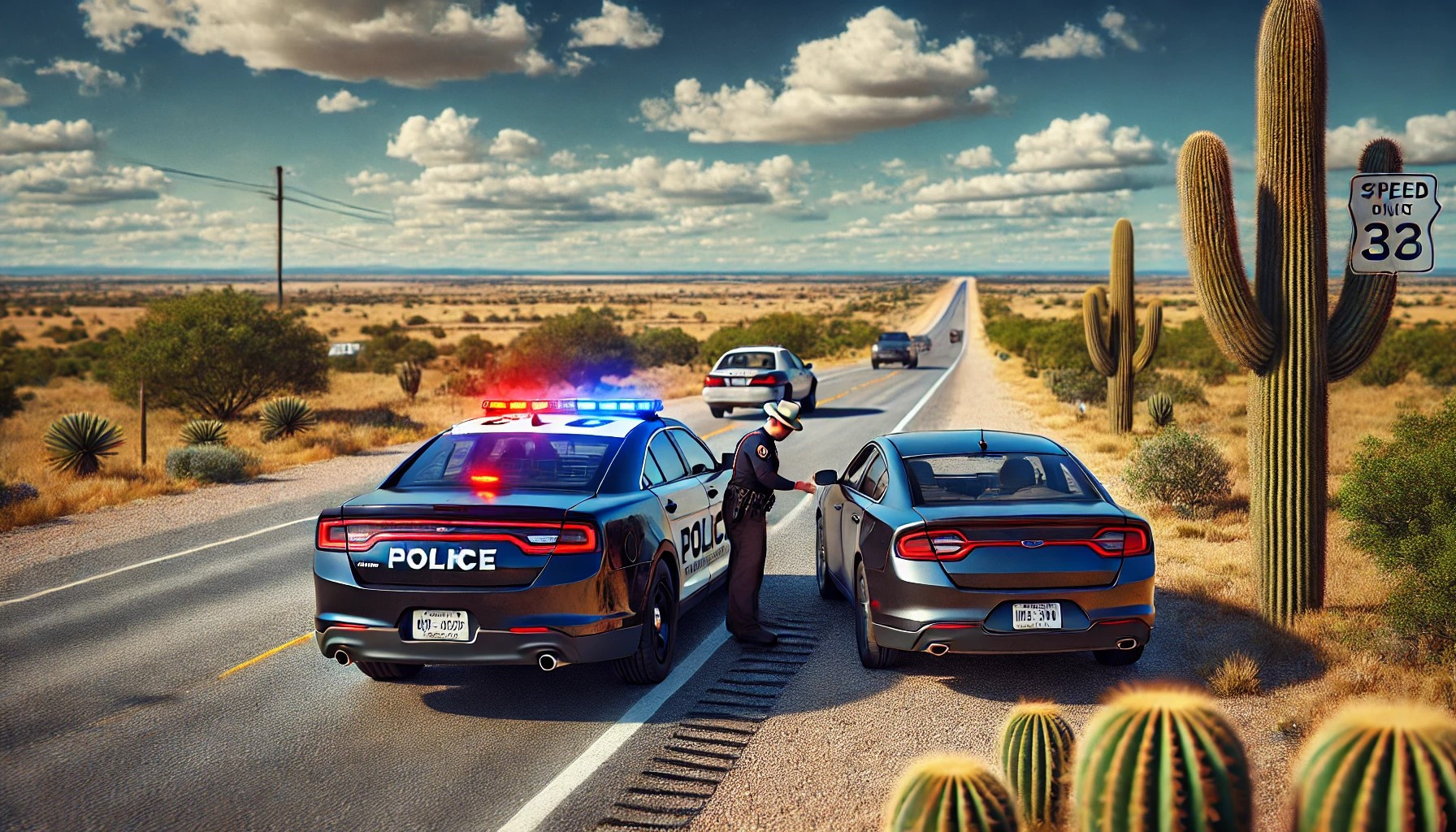 A police car pulling over a vehicle on a Texas road, representing common traffic violations and the importance of following driving laws to avoid tickets.