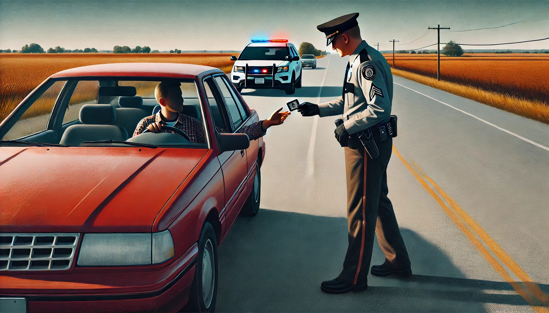 A driver handing over their license to a police officer during a traffic stop, highlighting the importance of knowing your rights during the interaction.