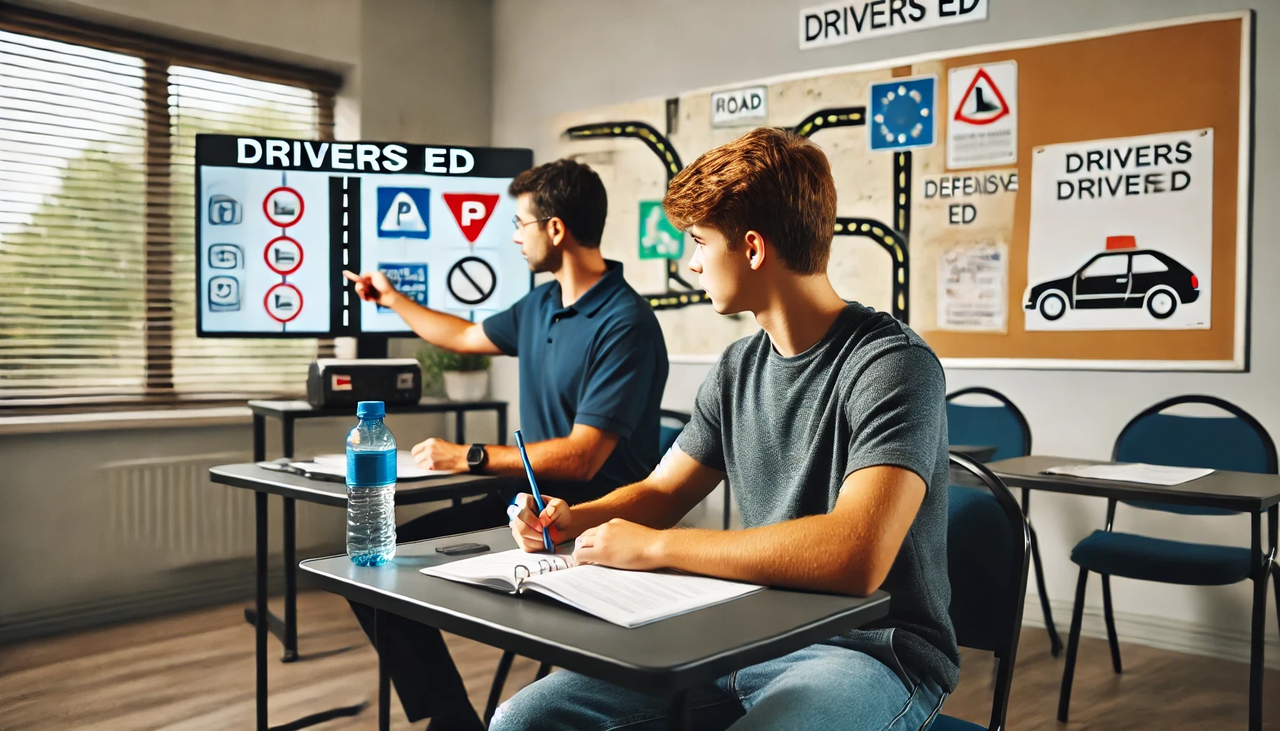 A new driver practicing safe driving techniques through an online drivers ed course to gain confidence and pass the driving test.